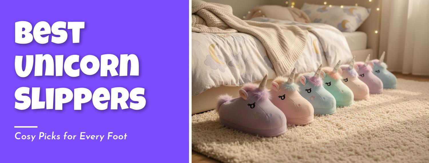 Plush unicorn slippers lined up on a rug