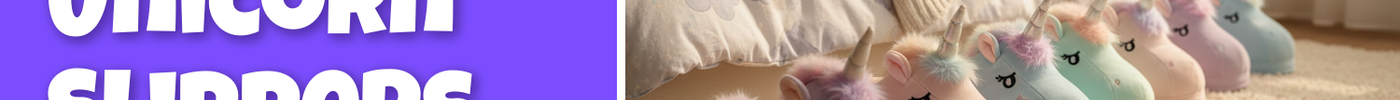 Plush unicorn slippers lined up on a rug