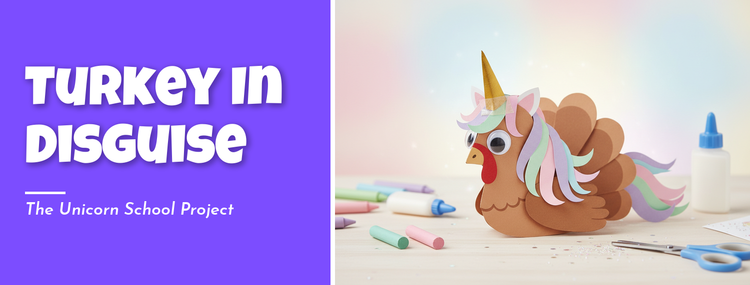 Paper turkey disguised as a unicorn for a school project