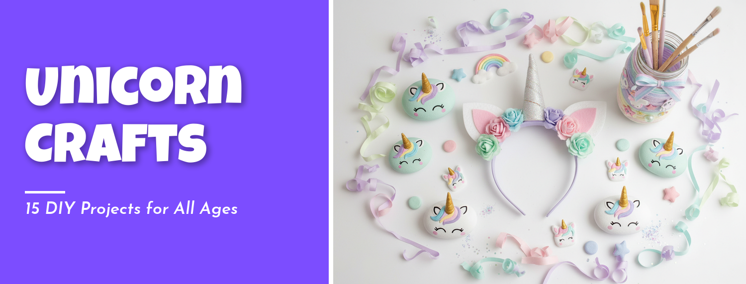 Craft table covered with finished unicorn crafts