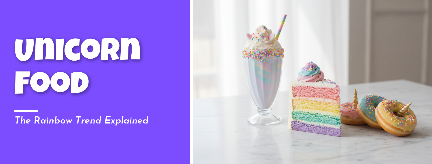 Pastel rainbow unicorn cake, milkshake and doughnuts