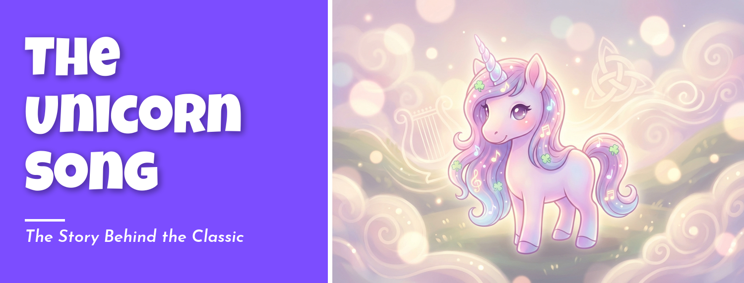 Colorful illustration representing the famous unicorn song by the Irish Rovers with musical and mythical elements