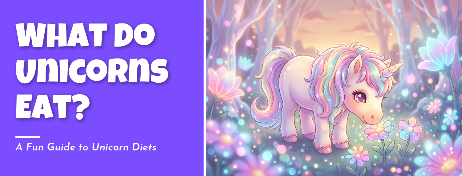 Whimsical illustration of unicorn food including flowers, morning dew, rainbows, and colorful treats