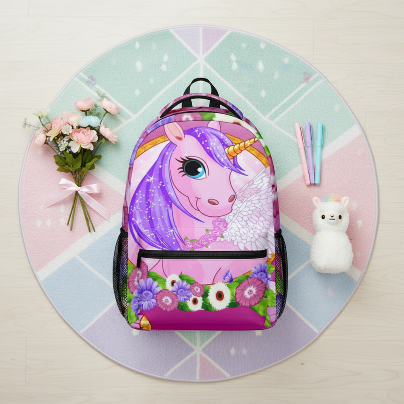 3d unicorn backpack - flat-lay