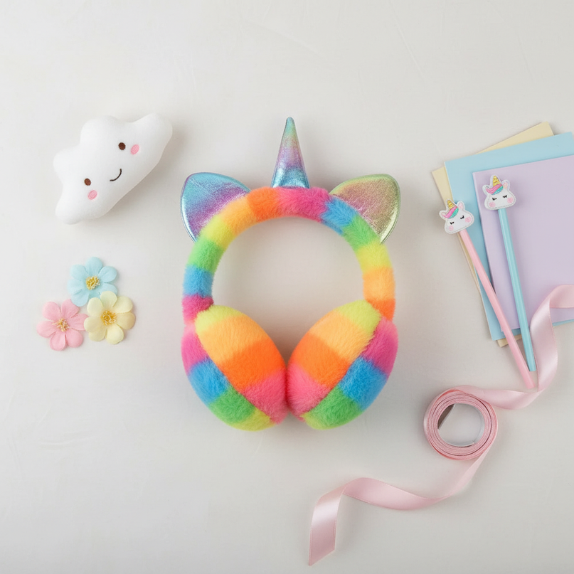 3d unicorn earmuffs - flat-lay