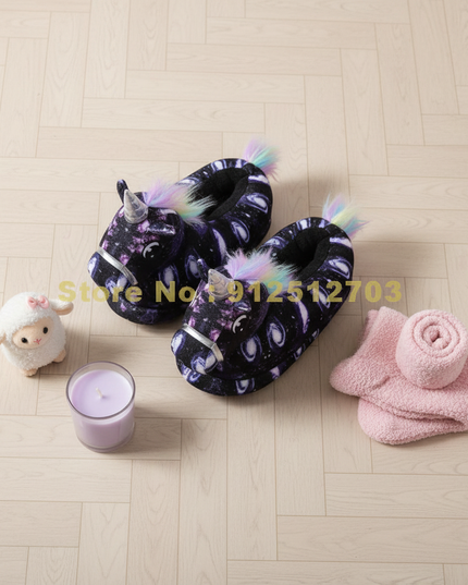 3d unicorn mule slippers - flat-lay