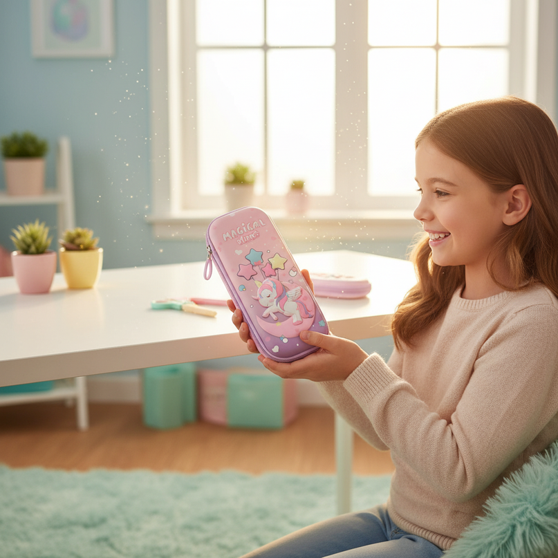 3d unicorn pencil case - in-use