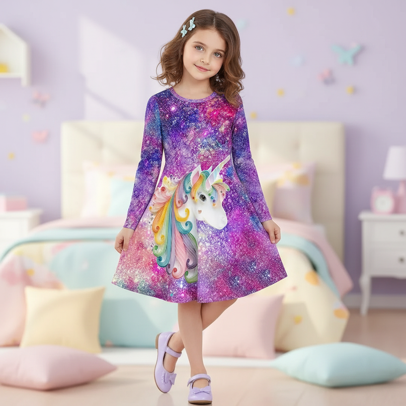 3d unicorn print dress girls - front
