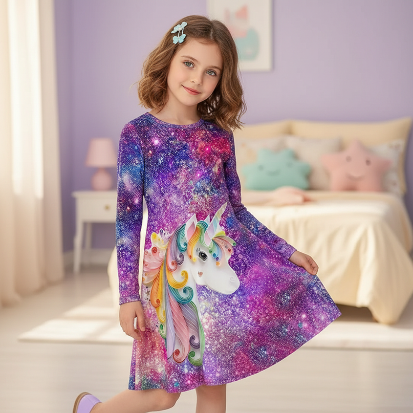 3d unicorn print dress girls - three-quarter