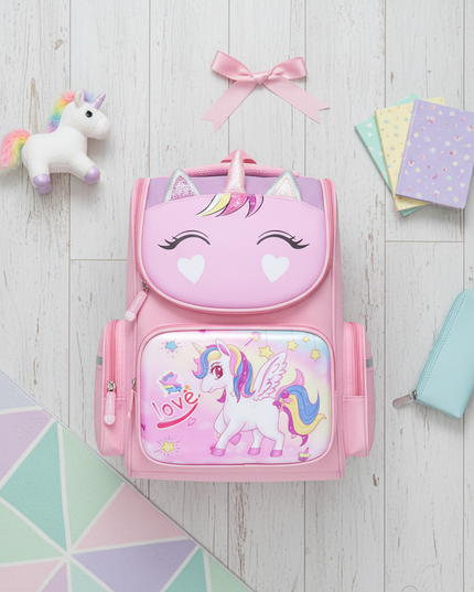 3d unicorn school backpack large pink - flat-lay