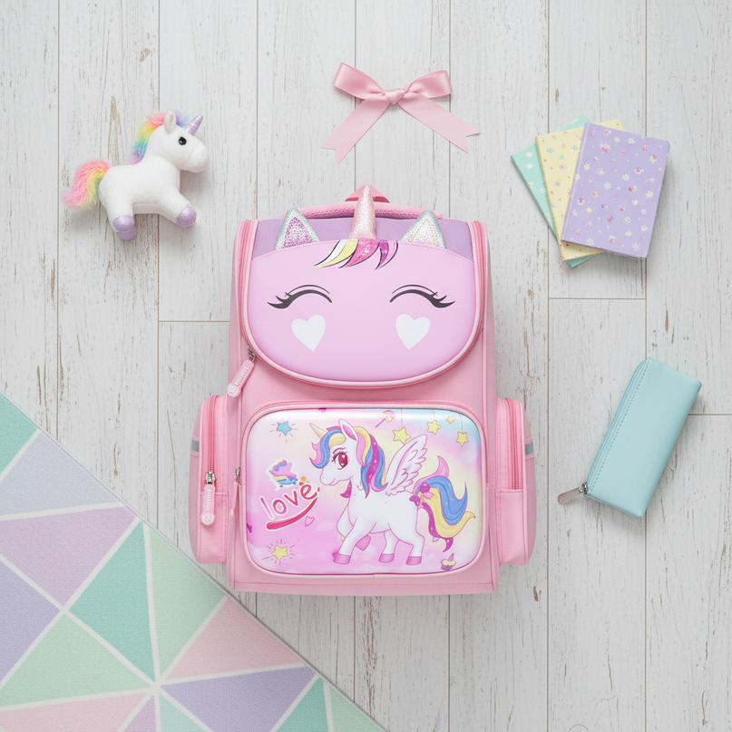 3d unicorn school backpack large pink - flat-lay