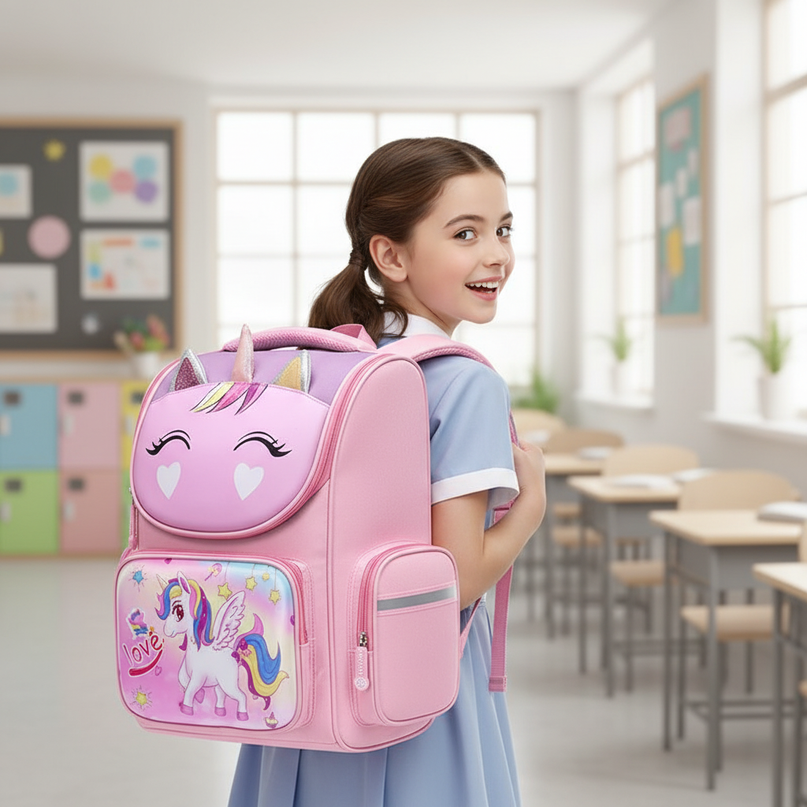 3d unicorn school backpack large pink - in-use