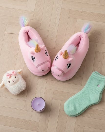 3d unicorn slippers - flat-lay