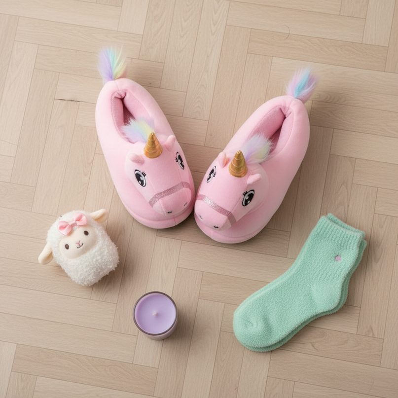 3d unicorn slippers - flat-lay