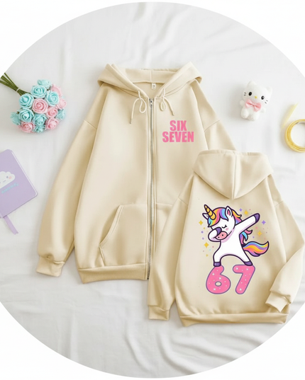 67 unicorn zip hoodie beige - flat-lay