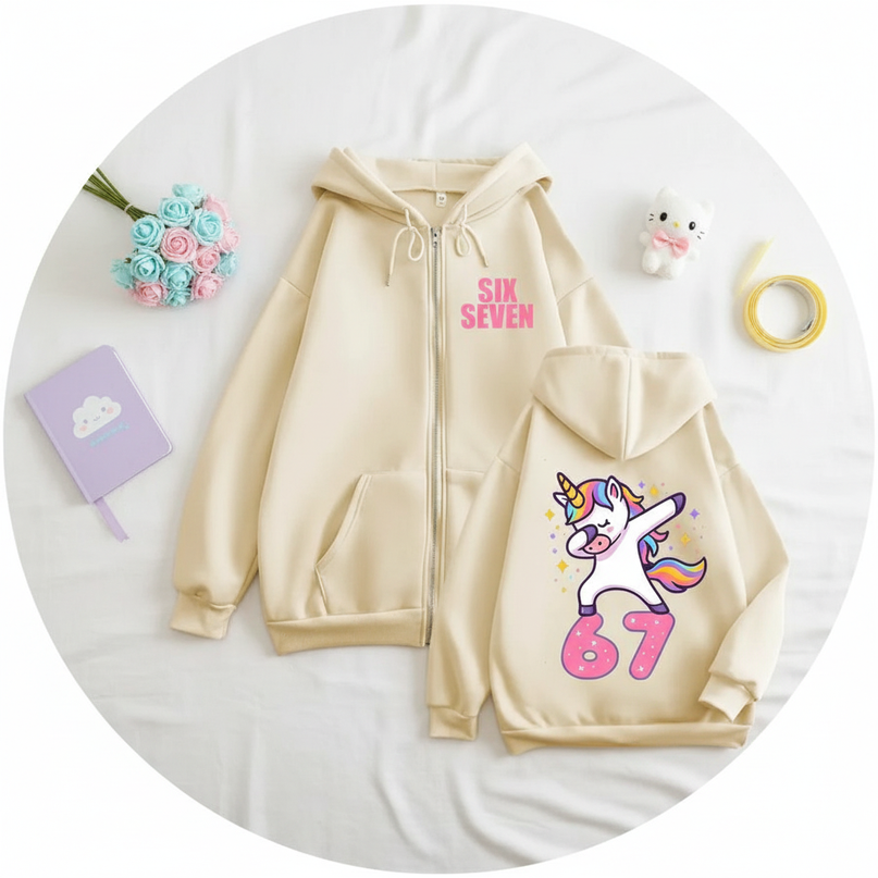 67 unicorn zip hoodie beige - flat-lay