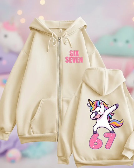 67 unicorn zip hoodie beige - lifestyle