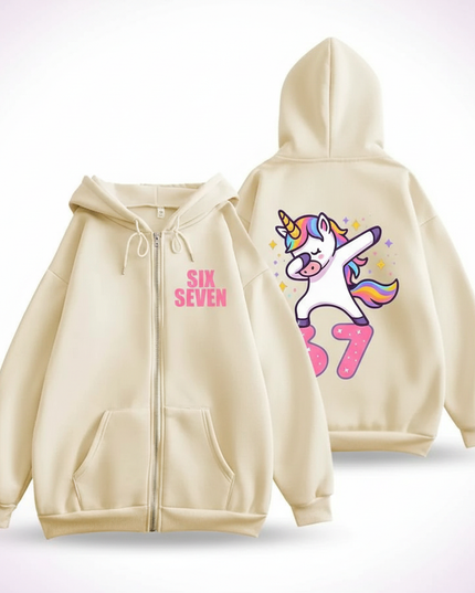 67 unicorn zip hoodie beige - white-bg