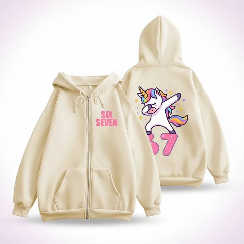 67 unicorn zip hoodie beige - white-bg