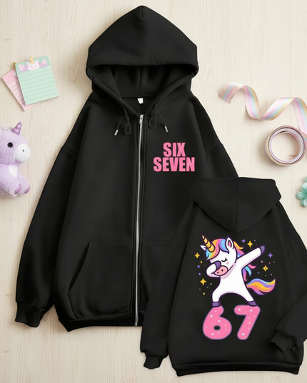 67 unicorn zip hoodie black - flat-lay