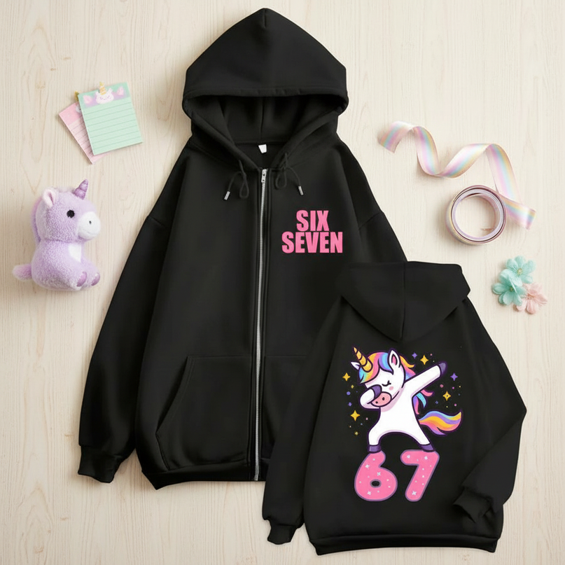 67 unicorn zip hoodie black - flat-lay
