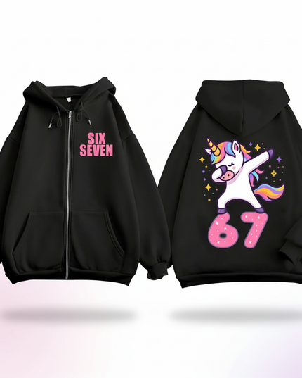 67 unicorn zip hoodie black - white-bg