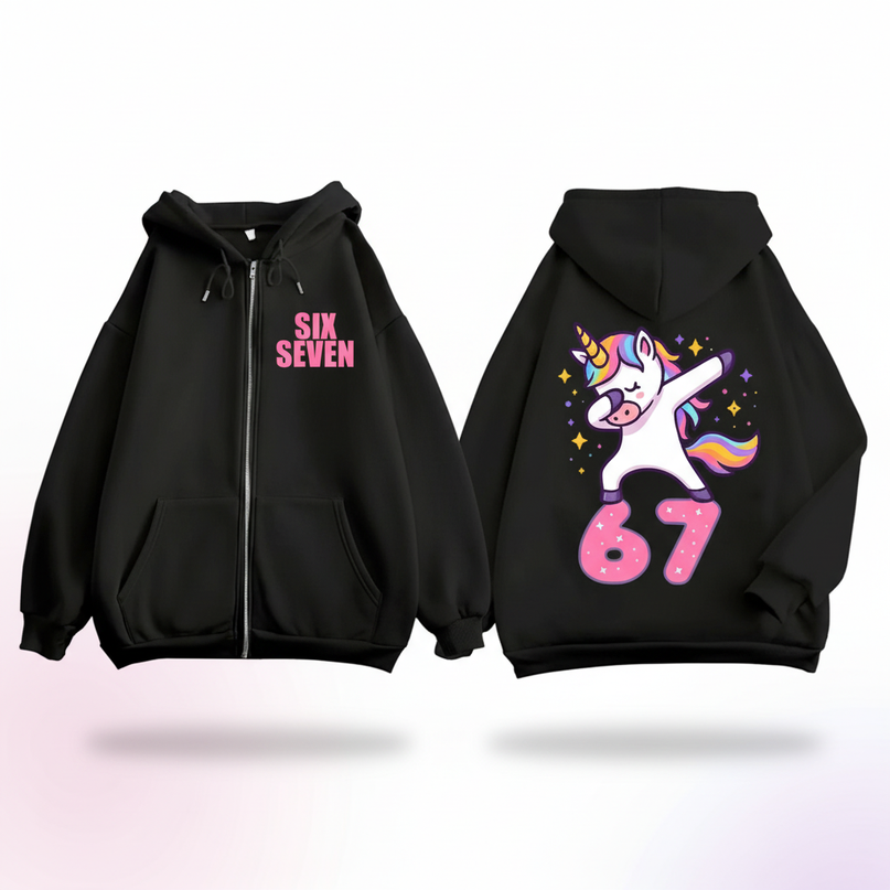 67 unicorn zip hoodie black - white-bg