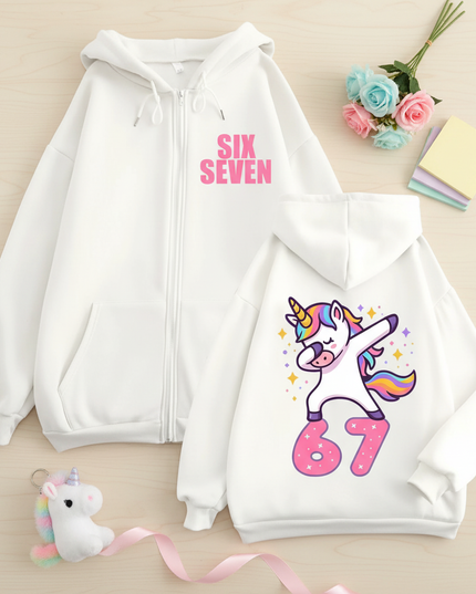 67 unicorn zip hoodie white - flat-lay