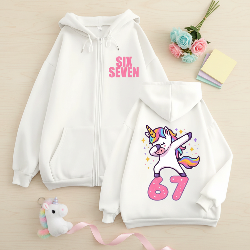 67 unicorn zip hoodie white - flat-lay