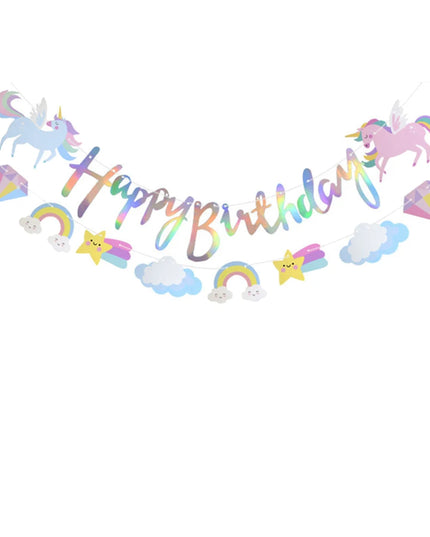 Unicorn birthday banner in iridescent holographic foil with flying unicorns and Happy Birthday lettering