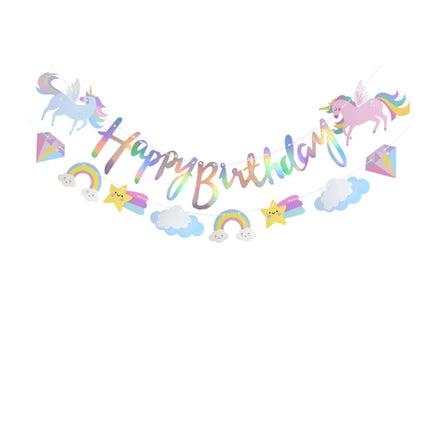 Unicorn birthday banner in iridescent holographic foil with flying unicorns and Happy Birthday lettering