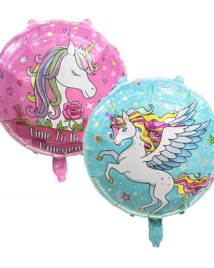 Pink round unicorn balloon with a pastel mane and a Time To Be A Unicorn banner