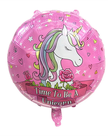 Round unicorn balloon in pink foil with a white unicorn head and roses