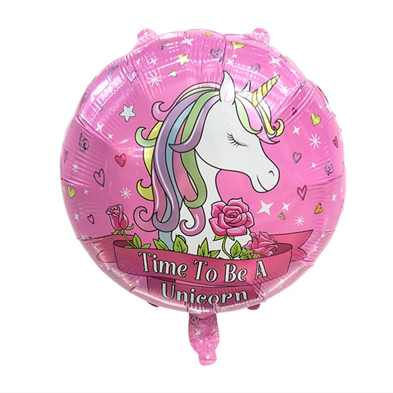 Round unicorn balloon in pink foil with a white unicorn head and roses