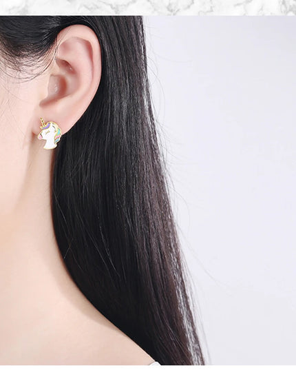 Gold Enamel Unicorn Huggie Earrings