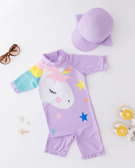 Purple Unicorn Swimsuit Size 7 with Cap