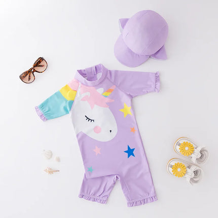 Purple Unicorn Swimsuit Size 7 with Cap