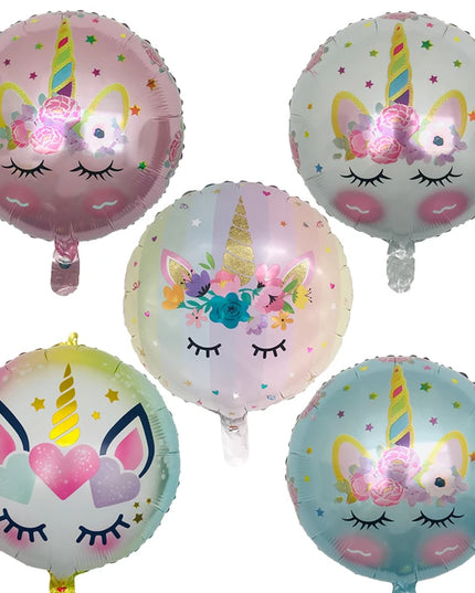 Round unicorn foil balloon with flower crown in pink, teal, purple and yellow