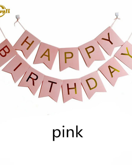 Happy Birthday letter flags in pink, purple, teal and yellow on a string