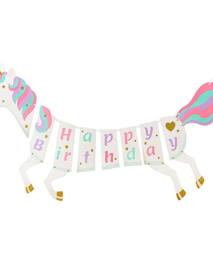 Close up of the unicorn head with pink and teal mane and gold horn