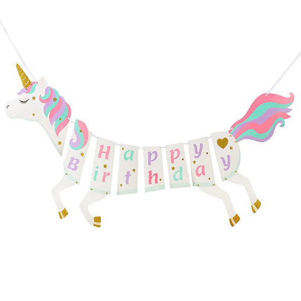 White unicorn letter banner with colorful Happy Birthday flags for a party