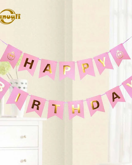 Full view of the pull flag bunting with unicorn ends and letter flags