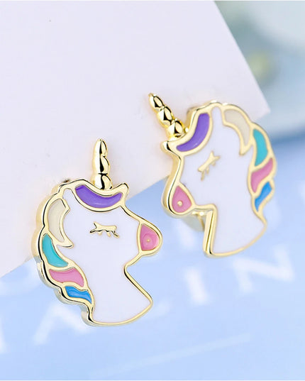 Gold Enamel Unicorn Huggie Earrings