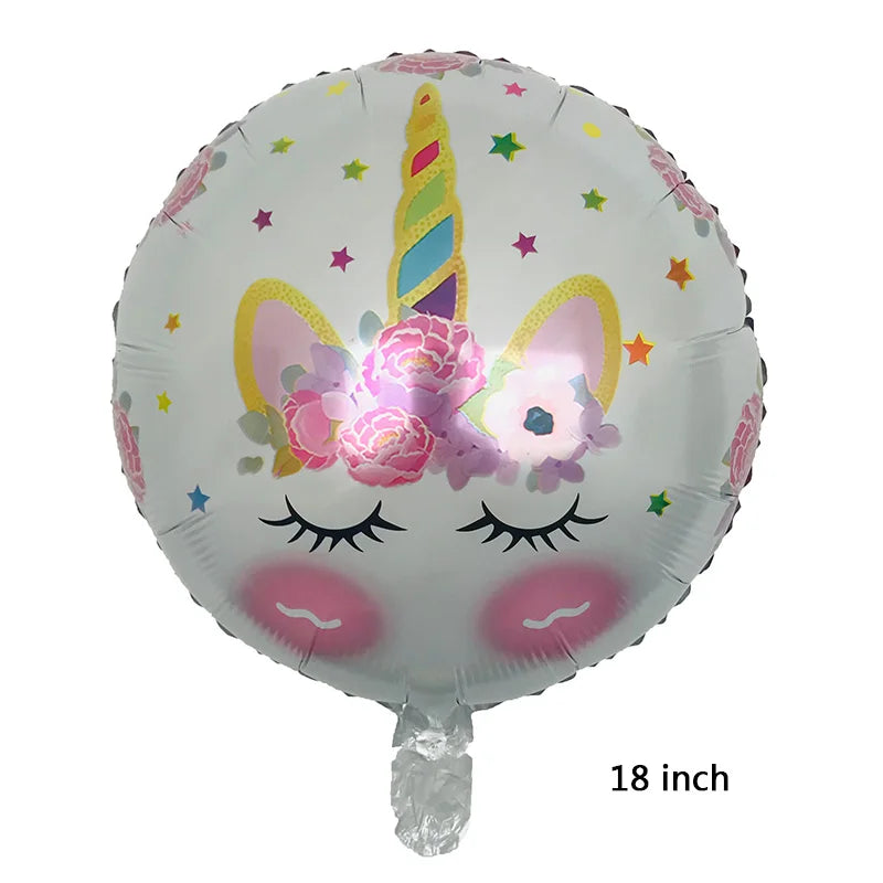 18 inch round unicorn balloon shown next to birthday party decorations