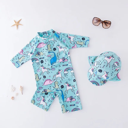 Teal Boys Unicorn Swimsuit with Dinos