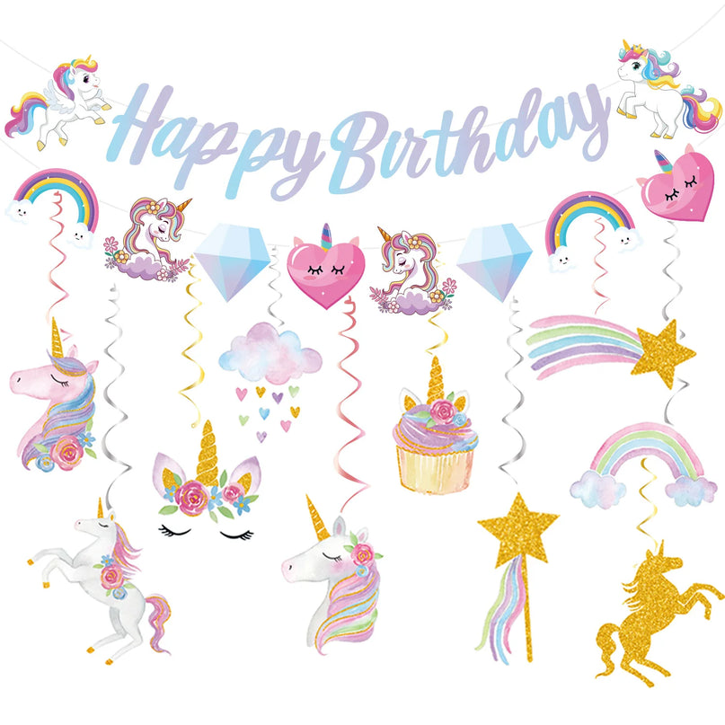 Unicorn napkins and cups arranged for a birthday party table