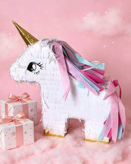 Colorful bat and fringe blindfold included with the unicorn pinata