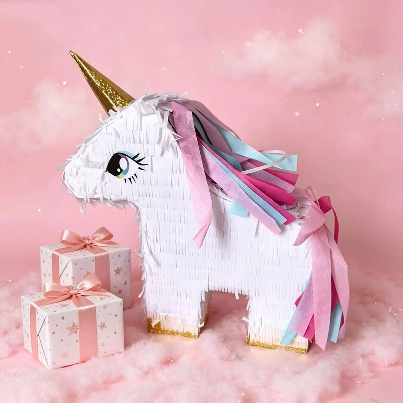 Colorful bat and fringe blindfold included with the unicorn pinata