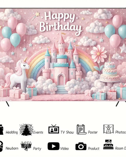 Unicorn birthday backdrop hanging as a wall decoration behind the cake table