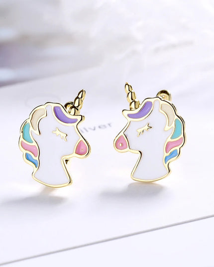 Gold Enamel Unicorn Huggie Earrings